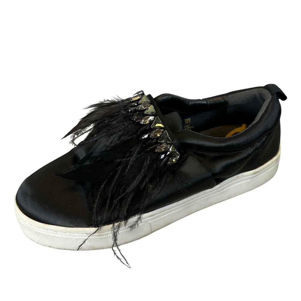 Sam Edelman Lelani Black Satin Feather Crystal Slip On Sneakers Womens 9.5M